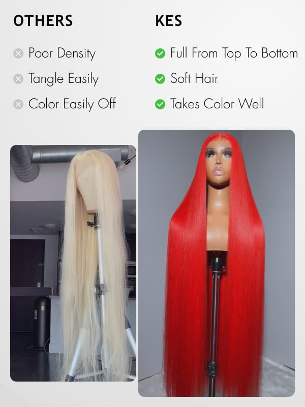 Keswigs HD Full Lace Wigs Virgin Human Hair 300 Density Straight Wigs Sex Red