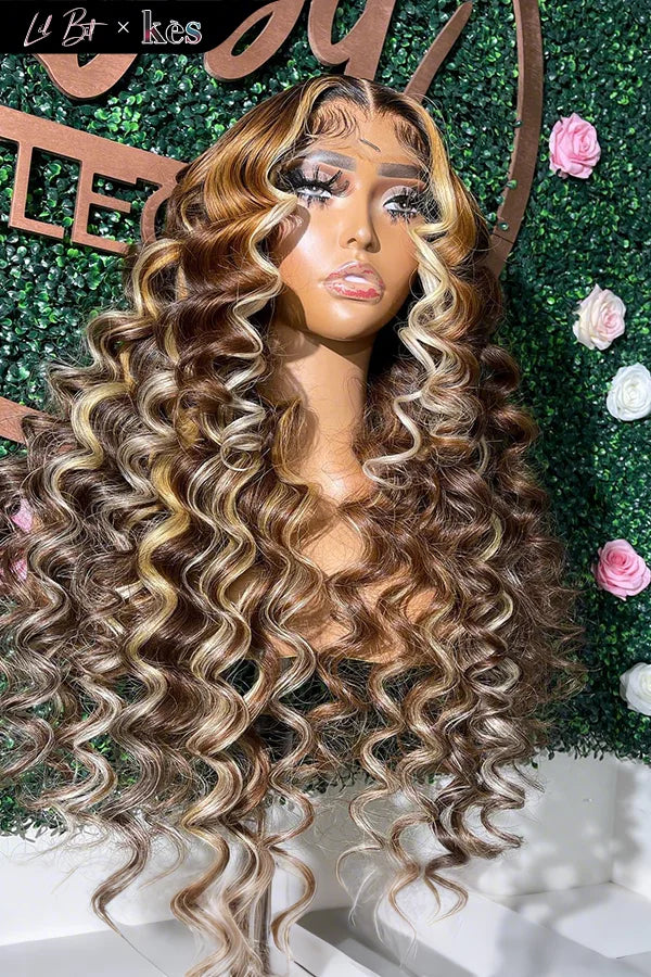 Kes x lilbit_collections 24 inch 5x5  Glueless human hair HD lace closure wigs 200% density loose wave wigs brown and blonde color