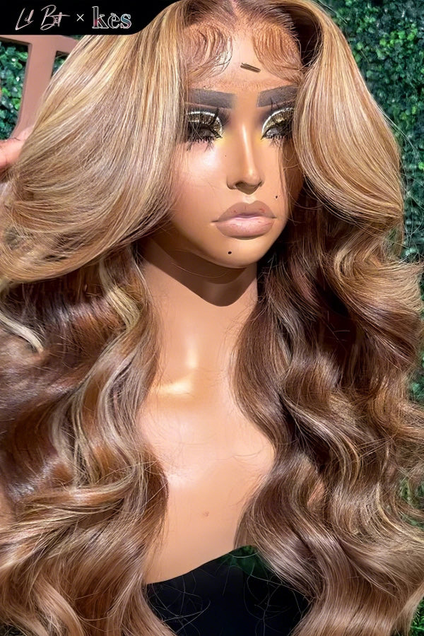 Kes x lilbit_collections 22 inch 5x5  Glueless human hair HD lace closure wigs 200% density body wave wigs  brown and blonde ombre color