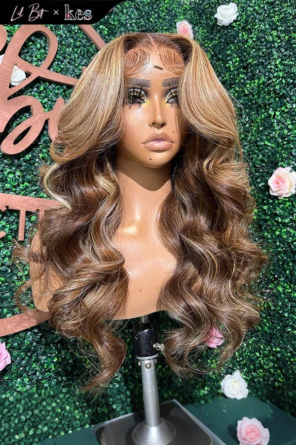 Kes x lilbit_collections 22 inch 5x5  Glueless human hair HD lace closure wigs 200% density body wave wigs  brown and blonde ombre color