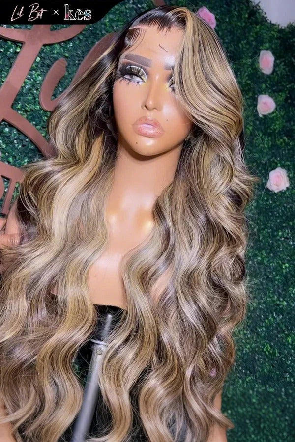 Kes x lilbit_collections 26 inch 5x5  Glueless human hair HD lace closure wigs 200% density body wave wigs blonde highlight color