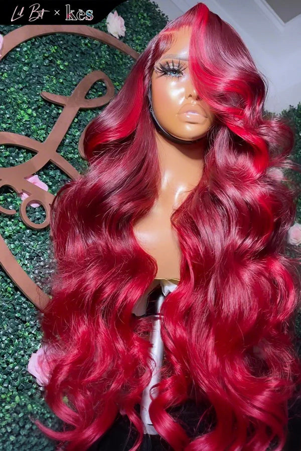 Kes x lilbit_collections 26 inch 5x5  Glueless human hair HD lace closure wigs 200% density body wave wigs 99j and red highlight color