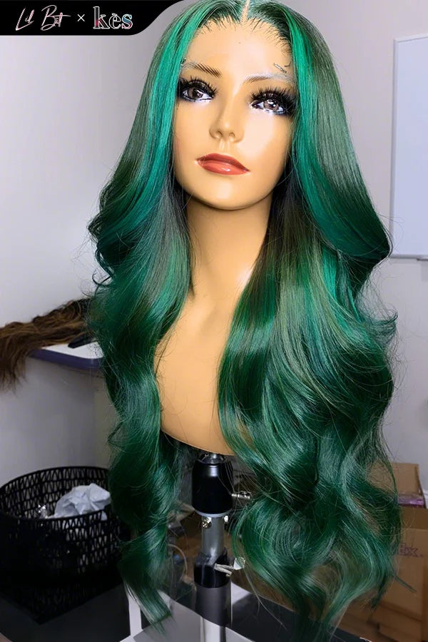 Kes x lilbit_collections 24 inch 5x5  Glueless human hair HD lace closure wigs 200% density body wave wigs green color