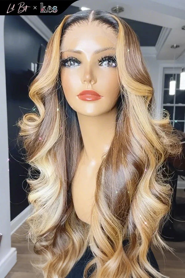 Kes x lilbit_collections 24 inch 5x5  Glueless human hair HD lace closure wigs 200% density body wave wigs brown and blonde color