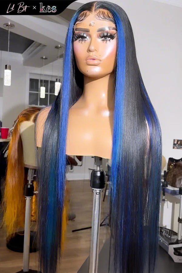 Kes x lilbit_collections 24 inch 5x5  Glueless human hair HD lace closure wigs 200% density straight wigs blue highlight color