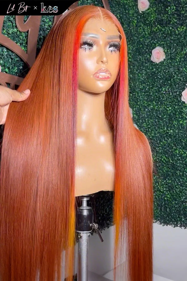 Kes x lilbit_collections 24 inch 5x5  Glueless human hair HD lace closure wigs 200% density straight wigs orange and red highlight color