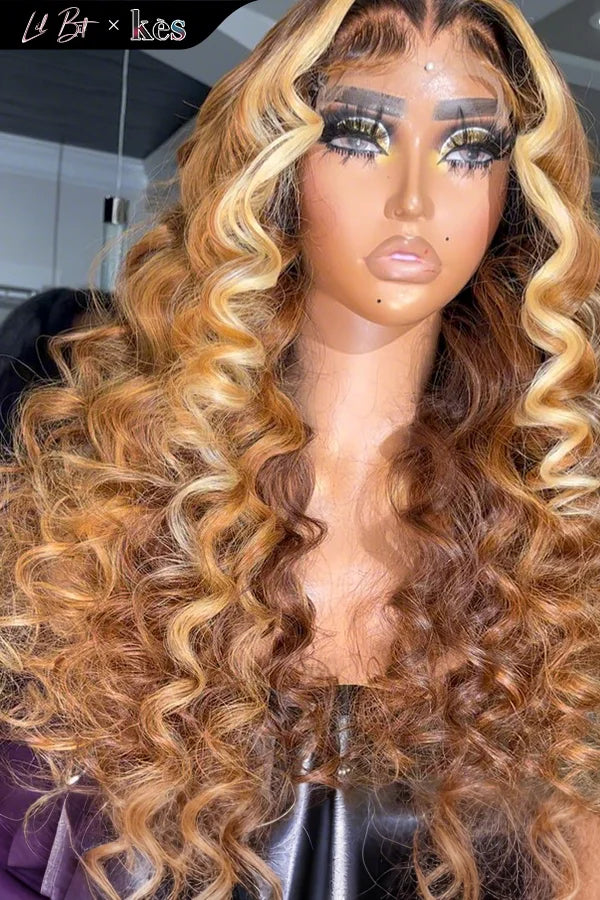 Kes x lilbit_collections 24 inch 5x5  Glueless human hair HD lace closure wigs 200% density loose wave wigs blonde highlight color