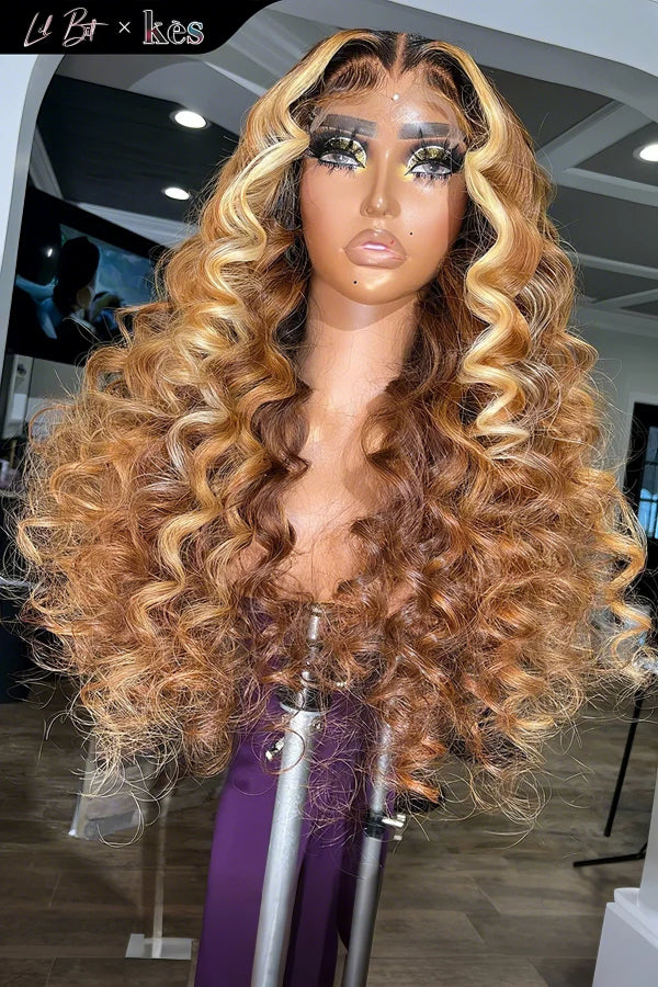 Kes x lilbit_collections 24 inch 5x5  Glueless human hair HD lace closure wigs 200% density loose wave wigs blonde highlight color