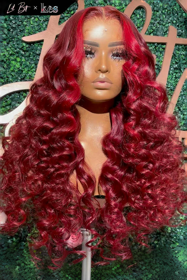 Kes x lilbit_collections 22 inch 5x5  Glueless human hair HD lace closure wigs 200% density loose wave wigs 99j and red highlight color