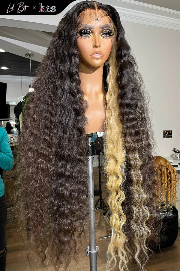 Kes x lilbit_collections 30 inch 5x5  Glueless human hair HD lace closure wigs 200% density curly wave wigs blonde highlight color