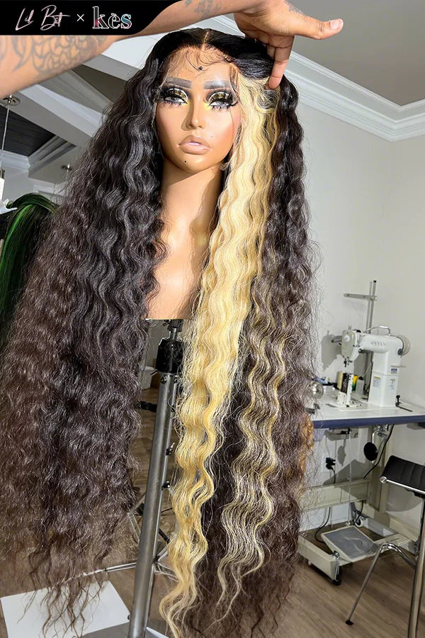 Kes x lilbit_collections 30 inch 5x5  Glueless human hair HD lace closure wigs 200% density curly wave wigs blonde highlight color