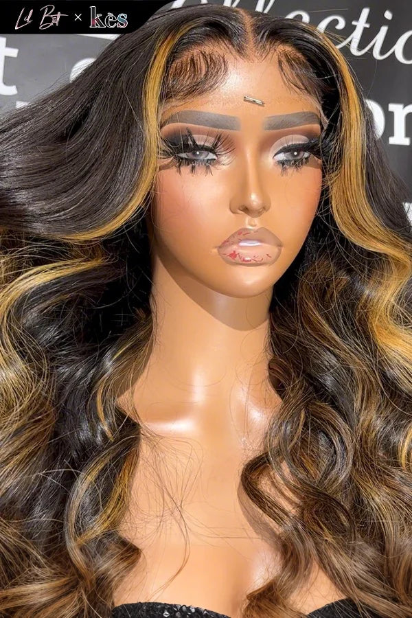 Kes x lilbit_collections 22 inch 5x5  Glueless human hair HD lace closure wigs 200% density body wave wigs blonde highlihgt color