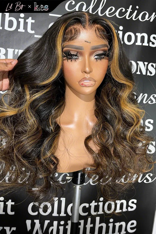 Kes x lilbit_collections 22 inch 5x5  Glueless human hair HD lace closure wigs 200% density body wave wigs blonde highlihgt color