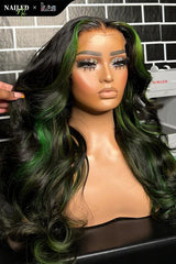 Kes x nailedby.nel 22 inch 5x5 Glueless human hair HD lace closure wigs 200% density body wave wigs  green highlight color