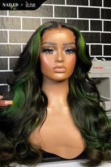 Kes x nailedby.nel 22 inch 5x5 Glueless human hair HD lace closure wigs 200% density body wave wigs  green highlight color