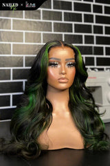 Kes x nailedby.nel 22 inch 5x5 Glueless human hair HD lace closure wigs 200% density body wave wigs  green highlight color