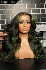 Kes x nailedby.nel 22 inch 5x5 Glueless human hair HD lace closure wigs 200% density body wave wigs  green highlight color