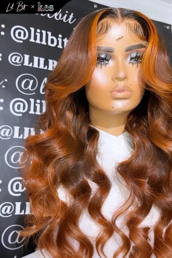 Kes x lilbit_collections 24 inch 5x5  Glueless human hair HD lace closure wigs 200% density body wave wigs brown and orange highlight color