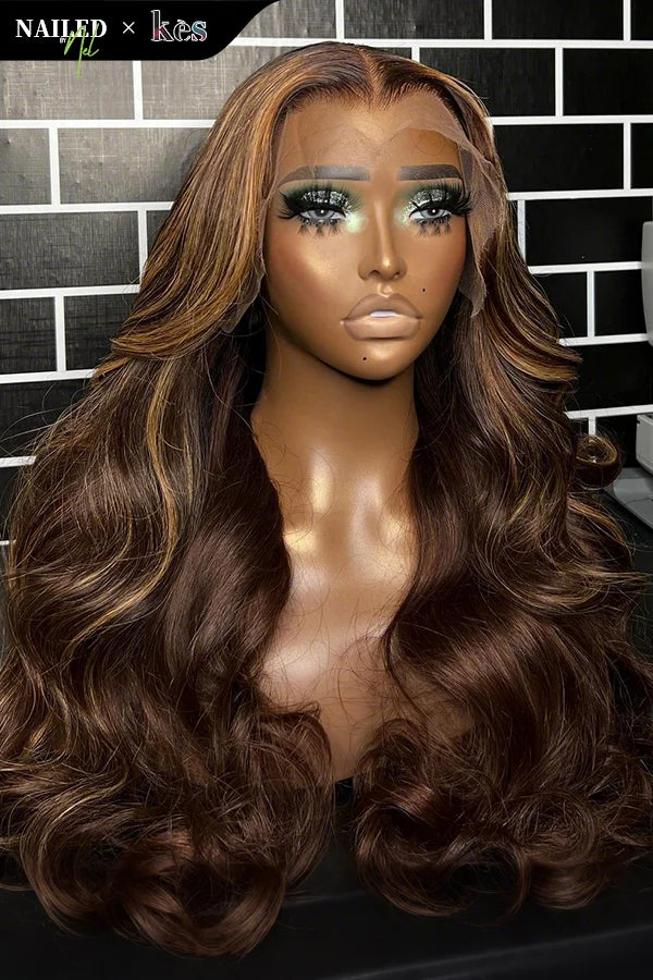 Kes x nailedby.nel 22 inch 5x5 Glueless human hair HD lace closure wigs 200% density body wave wigs  brown and blonde highlight color