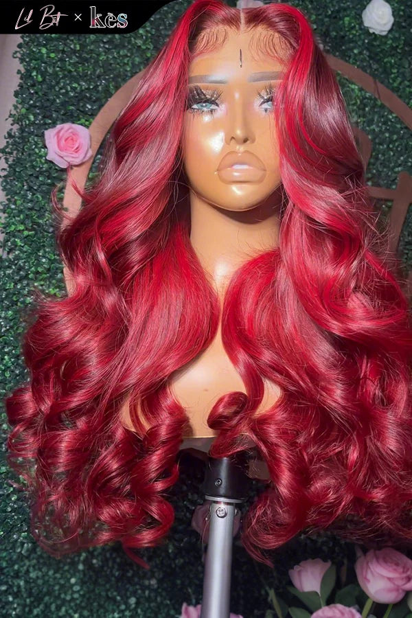 Kes x lilbit_collections 28 inch 5x5  Glueless human hair HD lace closure wigs 200% density body wave wigs 99j and red highlight color