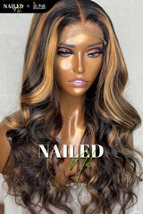 Kes x nailedby.nel 22 inch 5x5 Glueless human hair HD lace closure wigs 200% density body wave wigs blonde highlight