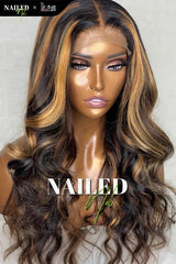 Kes x nailedby.nel 24 inch 5x5 Glueless human hair HD lace closure wigs 200% density body wave wigs  brown highlight