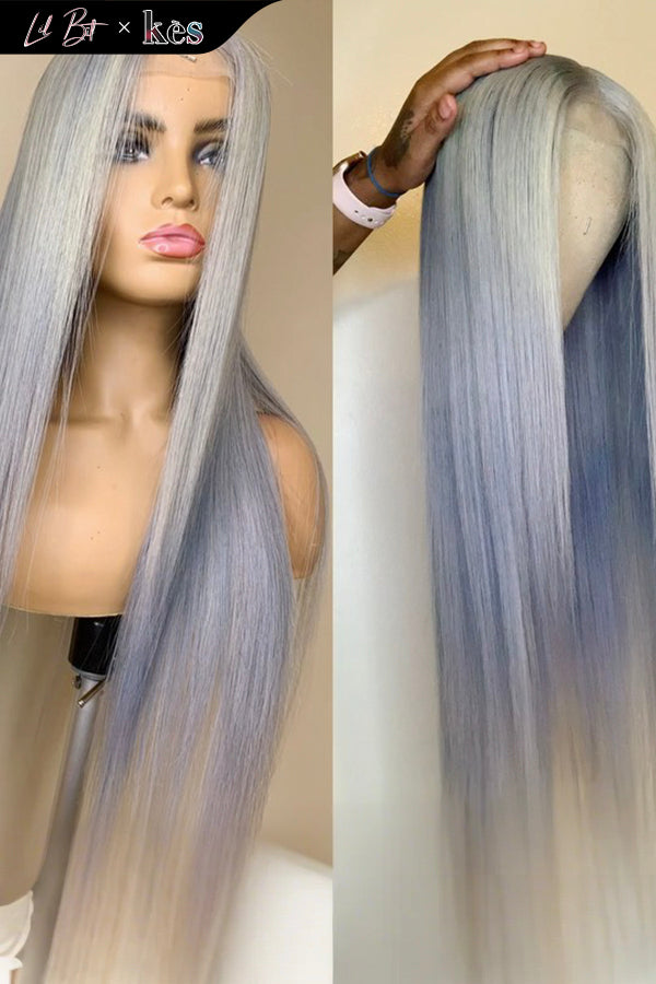 Kes x lilbit_collections 24 inch 5x5  Glueless human hair HD lace closure wigs 200% density straight wigs white and blue ombre color