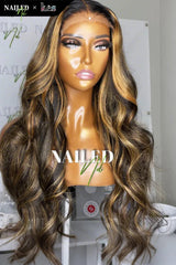 Kes x nailedby.nel 24 inch 5x5 Glueless human hair HD lace closure wigs 200% density body wave wigs blonde highlight