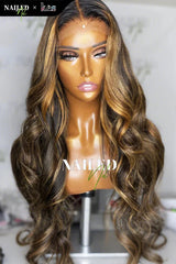 Kes x nailedby.nel 24 inch 5x5 Glueless human hair HD lace closure wigs 200% density body wave wigs blonde highlight