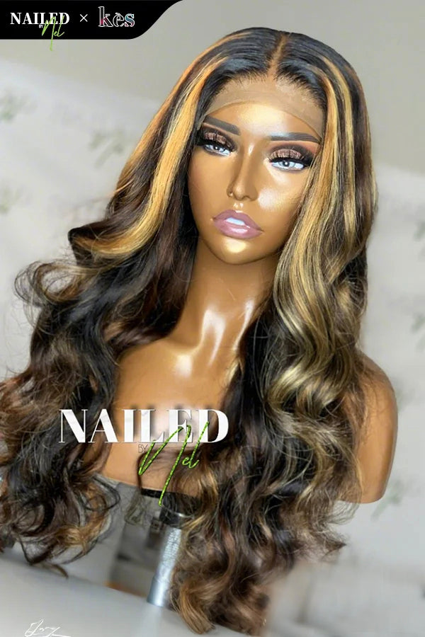 Kes x nailedby.nel 24 inch 5x5 Glueless human hair HD lace closure wigs 200% density body wave wigs blonde highlight