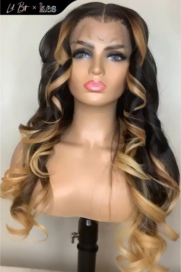 Kes x lilbit_collections 22 inch 5x5  Glueless human hair HD lace closure wigs 200% density body wave wigs black and blonde ombre color