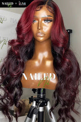 Kes x nailedby.nel 24 inch 5x5 Glueless human hair HD lace closure wigs 200% density body wave wigs  black and red ombre