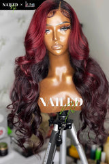 Kes x nailedby.nel 24 inch 5x5 Glueless human hair HD lace closure wigs 200% density body wave wigs  black and red ombre