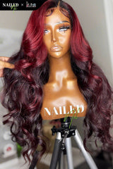 Kes x nailedby.nel 24 inch 5x5 Glueless human hair HD lace closure wigs 200% density body wave wigs  black and red ombre