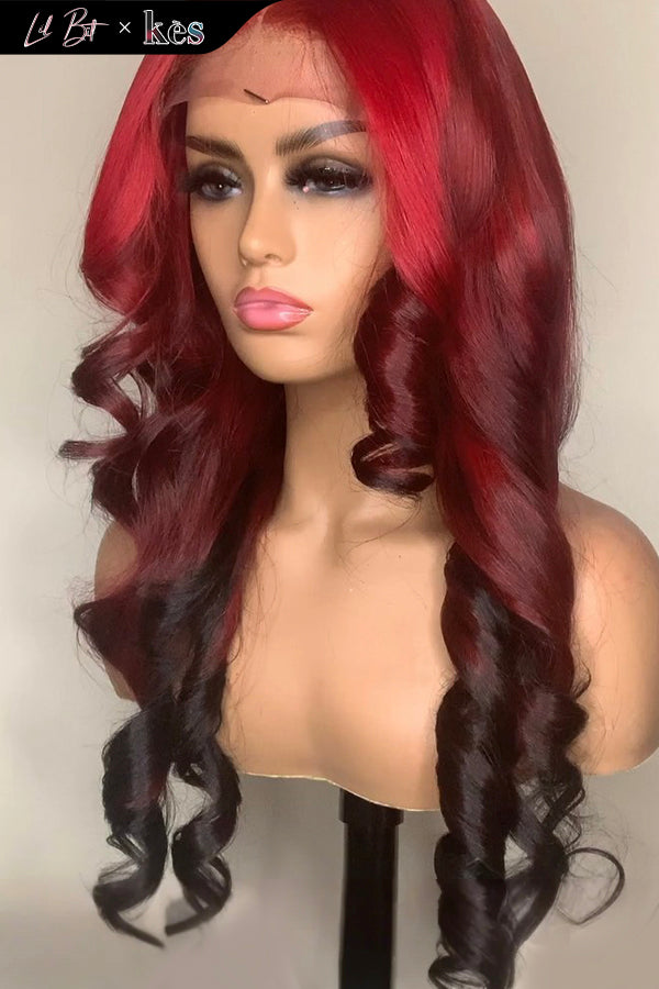 Kes x lilbit_collections 24 inch 5x5  Glueless human hair HD lace closure wigs 200% density body wave wigs black and red ombre color