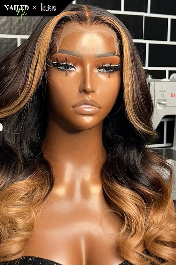 Kes x nailedby.nel 18 inch 5x5 Glueless human hair HD lace closure wigs 200% density body wave wigs blonde and black ombre