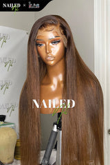 Kes x nailedby.nel 26 inch 5x5 Glueless human hair HD lace closure wigs 200% density straight wigs brown color