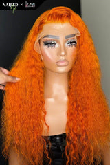 Kes x nailedby.nel 24 inch 5x5 Glueless human hair HD lace closure wigs 200% density curly wave wigs orange color