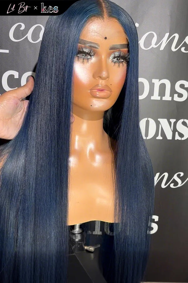 Kes x lilbit_collections 24 inch 5x5  Glueless human hair HD lace closure wigs 200% density straight wigs blue color