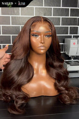 Kes x nailedby.nel 26 inch 5x5 Glueless human hair HD lace closure wigs 200% density body wave wigs brown color