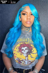 KES X glammedbytracey 24 inch 13x6 HD Lace front wigs virgin human hair 200 density lace frontal body wave wigs blue color