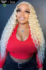 KES X glammedbytracey 28 inch 13x6 HD Lace front wigs virgin human hair 200 density lace frontal deep wave wigs blonde color