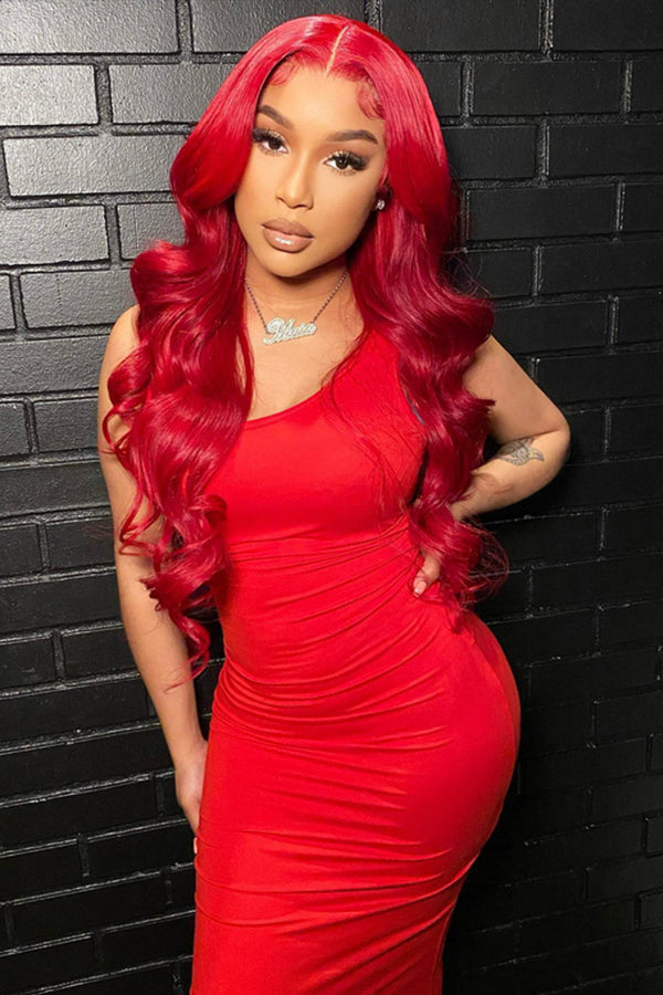 Keswigs 26 inch 13x6 HD Lace front wigs virgin human hair 200 density lace frontal body wave wigs red color