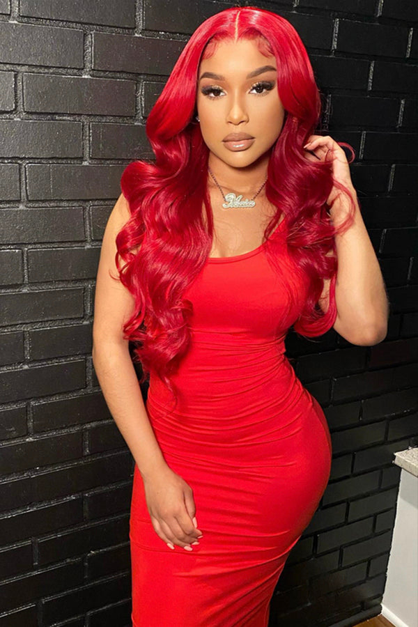 Keswigs 26 inch 13x6 HD Lace front wigs virgin human hair 200 density lace frontal body wave wigs red color