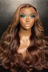 Keswigs Blonde and brown Highlight color 200 density body wave virgin human hair 13x4 HD Lace front wigs