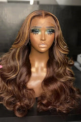 Keswigs Blonde and brown Highlight color 200 density body wave virgin human hair 13x4 HD Lace front wigs