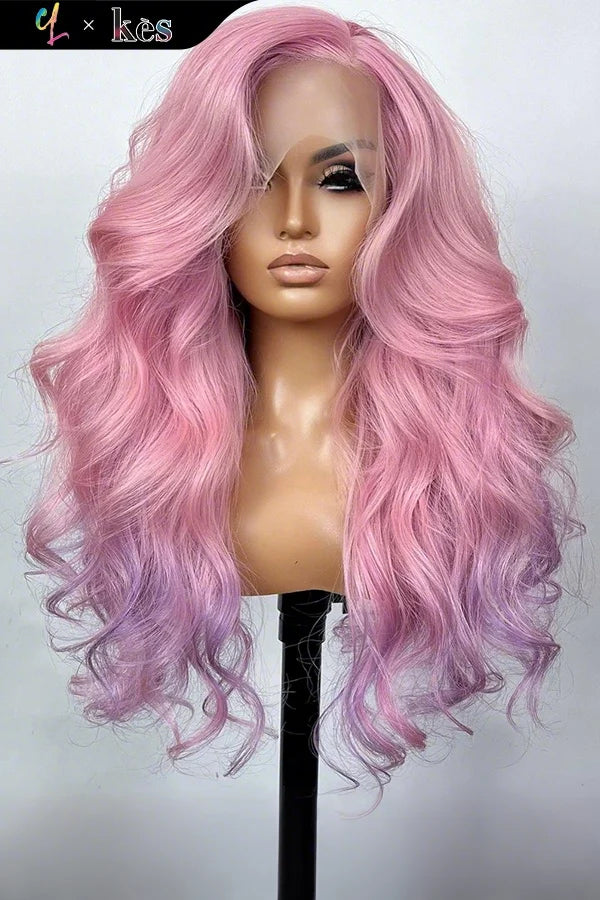 Kes x cynthialumzy 24 inch 13x6 HD Lace front wigs virgin human hair 200 density lace frontal body wave wigs pink and purple ombre color