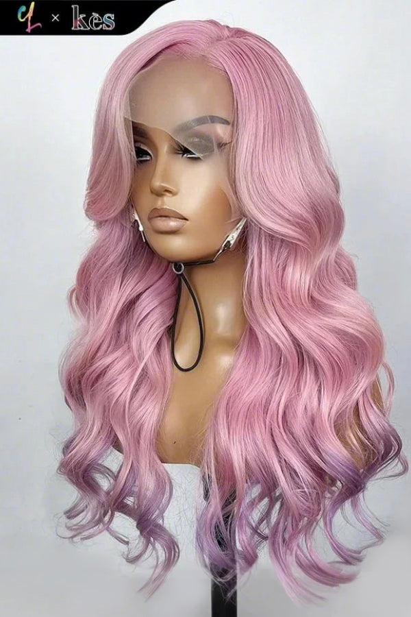 Kes x cynthialumzy 24 inch 13x6 HD Lace front wigs virgin human hair 200 density lace frontal body wave wigs pink and purple ombre color