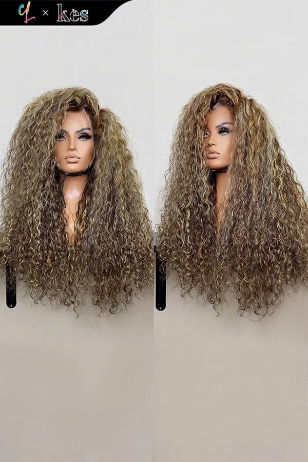 Kes x cynthialumzy 26 inch 5x5 Glueless human hair HD lace closure wigs 200% density curly wave wigs blonde highlight color