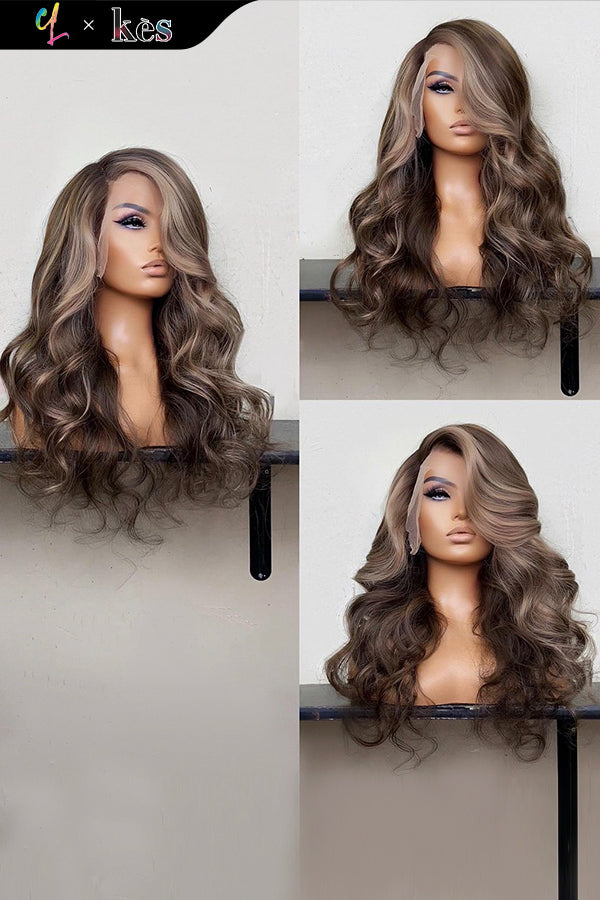 Kes x cynthialumzy 24 inch 5x5 Glueless human hair HD lace closure wigs 200% density body wave wigs grey highlight color